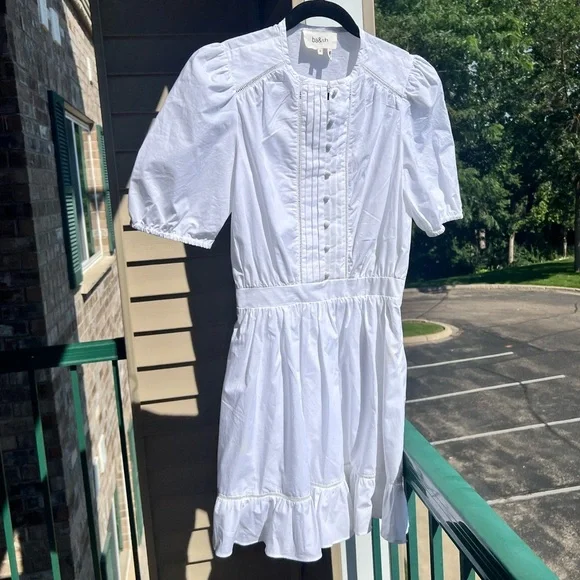 🆕ba&sh Cotton White Mini Dress Smocked Ruffle Hem Summer Casual Boho Chic Size S - Picture 3 of 17